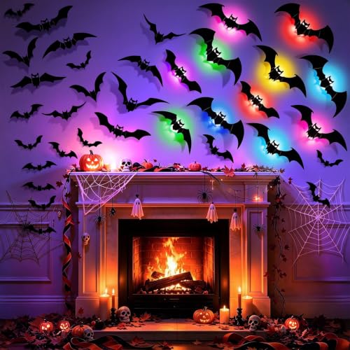 48P Bats Halloween Decorations + 12P Rechargeable Lights with Remote (Black, Black)