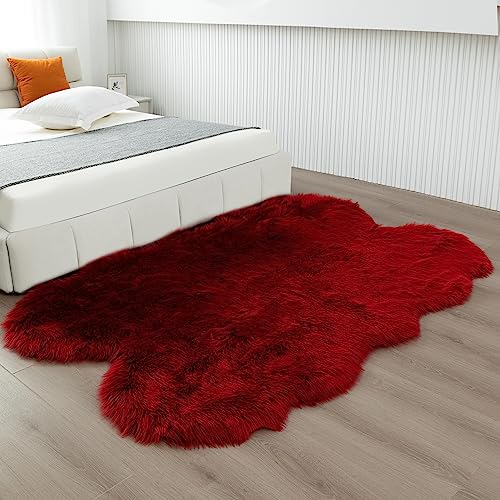 Faux Fur Rug Red Fluffy Sheepskin Area Rug (Red / 4' x 6' (Sheepskin))