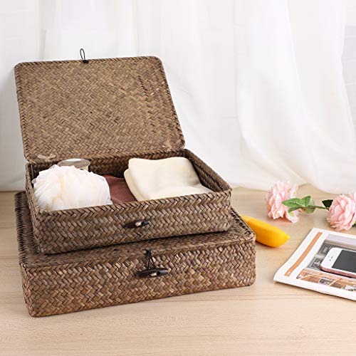 Set of 2 Flat Wicker Storage Basket Bins with Lid Woven Seagrass Box (Small+Large / Coffee)