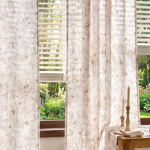 Floral Linen Curtains for Living Room 84 Inch Length Brown Flower Curtain Rod Pocket Back Tab Farmhouse Curtains with Printed Floral Bedroom Window Curtain Set (Penny Brown on Ecru / 50"W x 84"L (Pack of 2))