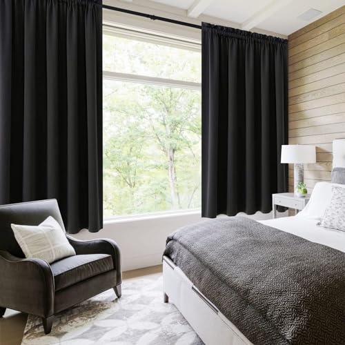 Wide Blackout Curtains for Bedroom Living Room 60 x 63 Inch Long Black (Black / 60"W x 63"L (Pack of 2))