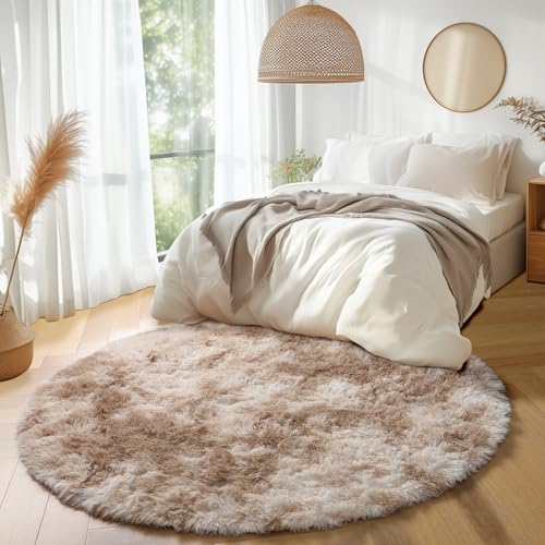 Beige Tan Neutral Round Rug 5Ft for Bedroom Nursery Living Room (Beige & Tan / 5' (Round))