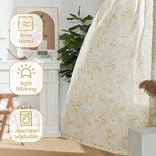 Yellow Floral Linen Curtains 90 Inch Vintage Back Tab 2 Panels (Flower Yellow on White / 50"W x 90"L (Pack of 2))