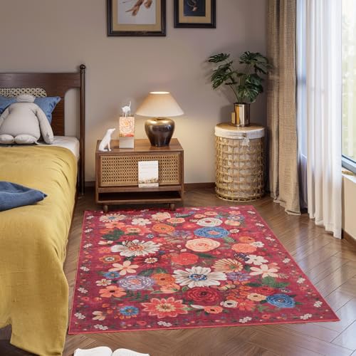 Red Garden Floral Area Rug 4x6 for Bedroom Dining Room (Red / 4' x 6' (Rectangular))