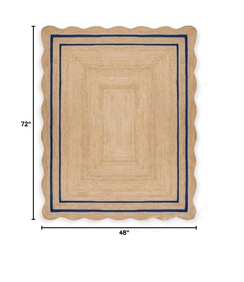 Chouhan Natural Jute Scalloped Bohemian Decor Handwoven Custom Decorative Rug (Blue / 4' x 6' (Rectangular))