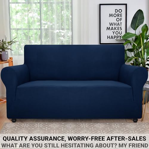 Super Stretch Couch Cover Love Seat Sofa Covers for Living Room Dogs Pet Friendly Furniture Protector Spandex Loveseat Slipcovers with Anti Slip Foam Sticks (Navy Blue / Medium (57"-70"))