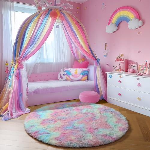 Rainbow Unicorn Pastel Round Circle Rug 5Ft for Kids Girls Bedroom (Rainbow / 5' (Round))
