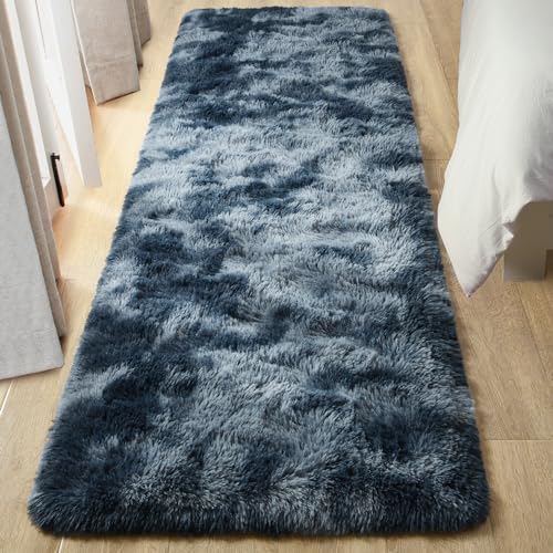 Soft 2x6 Runner Rugs for Bedroom Living Room Fluffy Plush (Tie-dyed Blue and Grey / 2' X 6' (Runner))