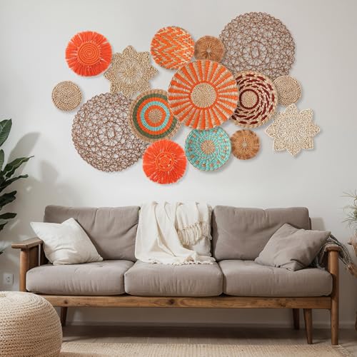 15 Pcs Boho Rattan Wall Baskets Hanging Decor (Orange Style)