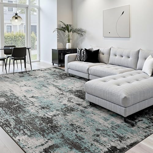 Washable 6'x8' Abstract Area Rug for Living Room Teal Black (Black/Teal Blue / 6' x 8' (Rectangular))