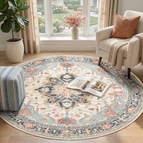 Washable Area Rug (Beige/Blue/Orange / 4' (Round))
