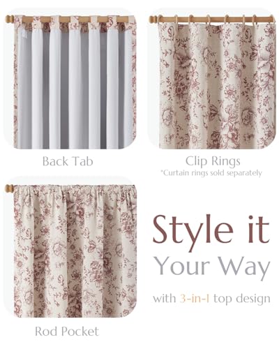 Floral Linen Blackout Curtains for Bedroom 90 Inches Long (Red / 50"W x 90"L (Pack of 2))