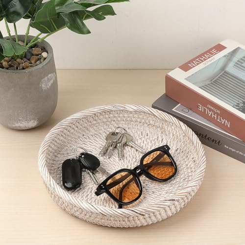 Key Basket Bowl for Entryway 10" Round Woven Wicker Serving Tray (Medium, 9.9" / Whitewash)