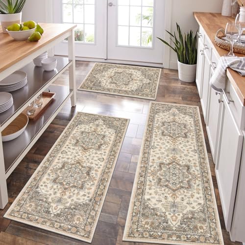 HEBE Boho Kitchen Rugs Set of 3 (Taupe / 20"x32"+20"x48"+20"x59")