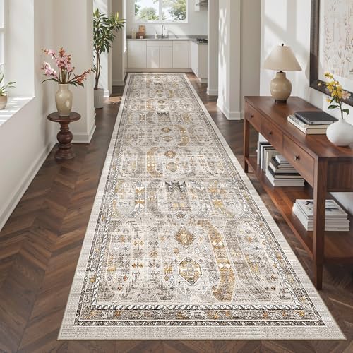 Hallway Runner Rug 3x12 Washable Kitchen Runners 12ft (Brown/Gold / 3' x 12' (Runner))