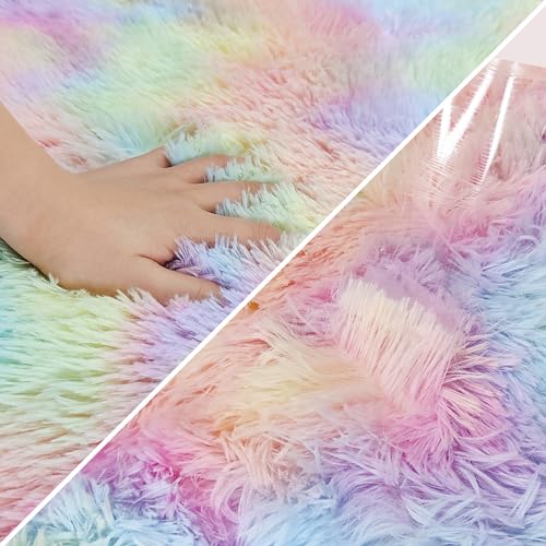 Fluffy Rainbow Colorful Area Rug for Living Room 6x9 Kawaii Tie Dye Rug Fuzzy Indoor Floor Unicorn Rug for Bedroom Girls Kids Nursery Baby Princess Room Dorm Home Decor Aesthetic Carpets (Tie-dyed Rainbow / 6' x 9' (Rectangular))
