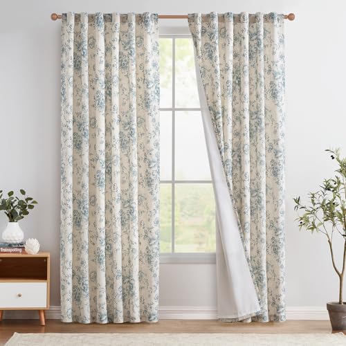 Floral Lined Linen Curtains 84 Long for Living Room 2 Panels (Lined Blue / 50"W x 84"L (Pack of 2))