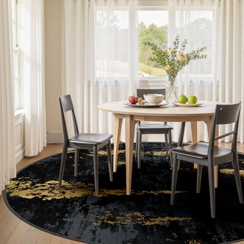 Washable Round 8ft Area Rug for Living Room Black Gold (Black/Gold / 8' (Round))