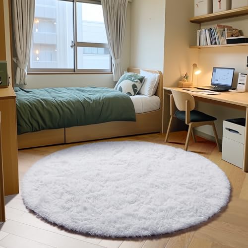 White Fluffy Round Rug Gray Circle Area Rugs 4ft for Bedroom Living Room (White / 4' (Round))