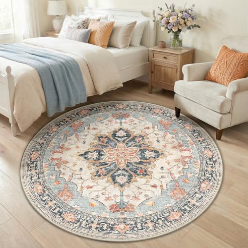 Washable Area Rug (Beige/Blue/Orange / 5' (Round))