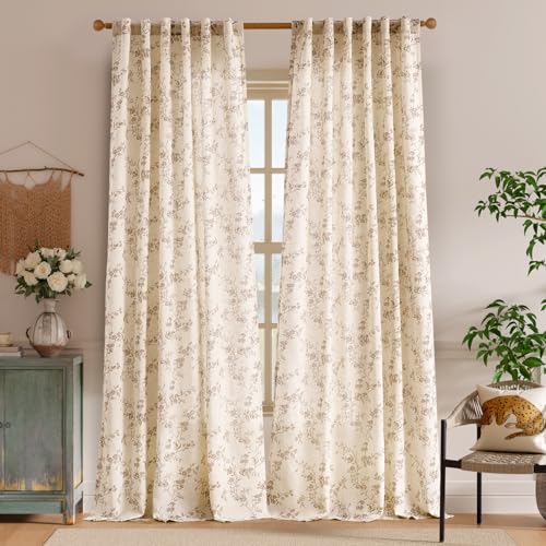 Extra Long Taupe Vintage Floral Linen Curtains Farmhouse 2 Panels (Taupe on Beige / 50"W x 108"L (Pack of 2))