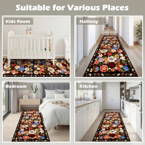 Black Brown Floral Hallway Runner Rug 2x8 for Bedroom Kitchen (Espresso / 2' x 8' (Rectangular))