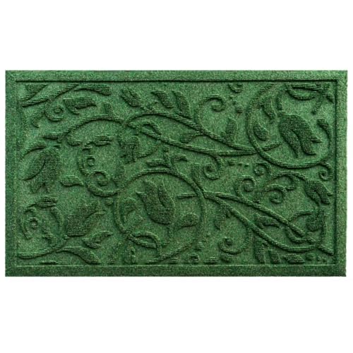 Boho Green Floral Leaves Outdoor Indoor Entrance Doormats (Tulip-green / 1'5" x 2'6" (Rectangular))