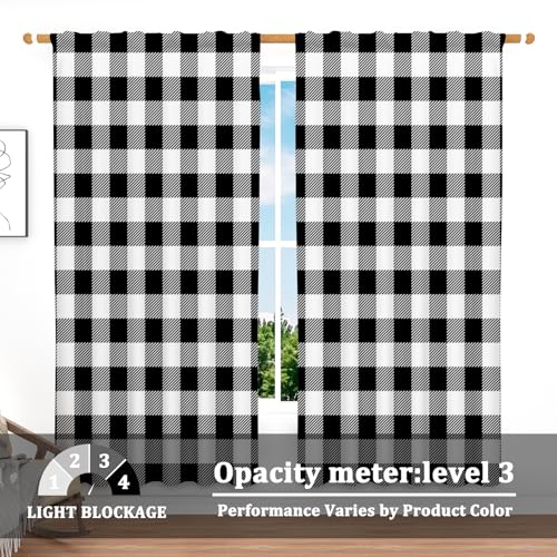 42 x 84 Inch Linen Buffalo Plaid Check Curtains Blackout Bedroom Room Darkening Thermal Insulated Black White Buffalo Checkered Window Drapes Farmhouse Living Room Pocket Tab Curtain 2 Panels (Black White / 42"W x 84"L (Pack of 2))