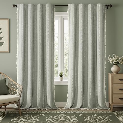 Sage Green Boho Blackout Curtains 96 Inch 2 Panels with Tassels (Sage Green / 52"W x 96"L (Pack of 2))