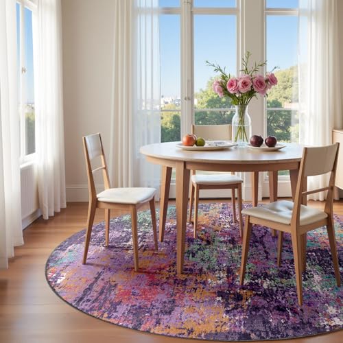 Washable Round 8ft Area Rug for Living Room Purple Multi (Purple/Orange/Teal/Green/Red / 8' (Round))