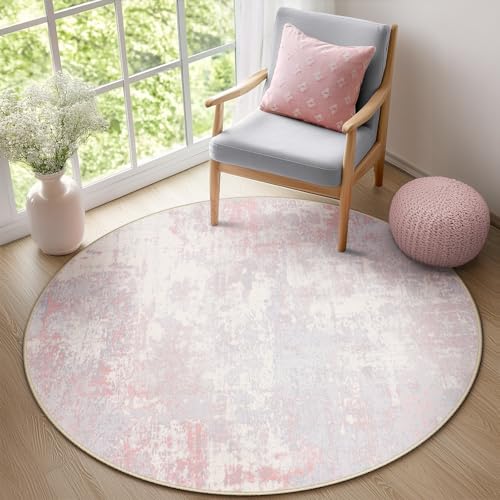 Washable Round 6ft Area Rug for Living Room Gray Pink (Gray/Pink / 6' (Round))
