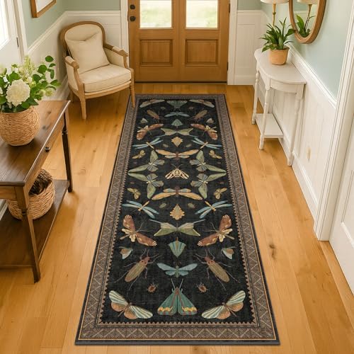 Dark Black Boho 2x10 Rug Runners for Hallways (2' x 10' (Runner) / Black / Multi)