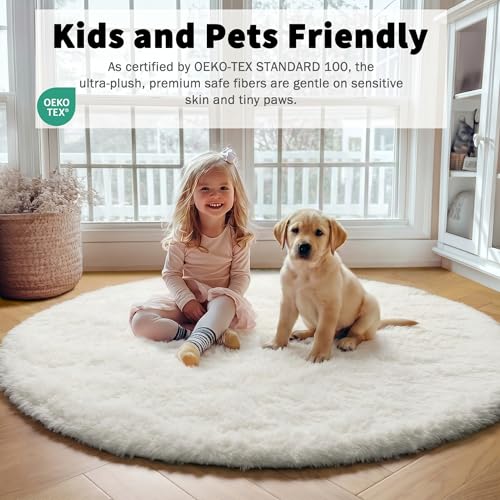 Cream White Fluffy Round Rug Circle Area Rugs 4ft for Kids Teen Bedroom (Cream White / 4' (Round))