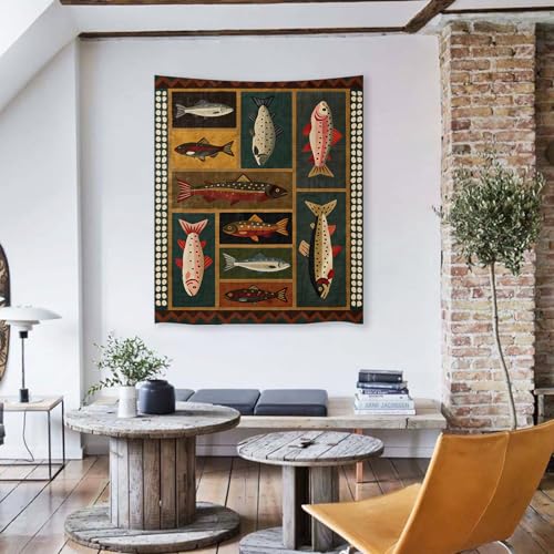 Fish Tapestry 50 X 60 Inches Vintage Dark Western Wall Art Rustic Country Salmon Trout Painting Retro Cabin Aesthetic Decor for Living Room Bedroom (Tapestries / Black / 60"L x 50"W)