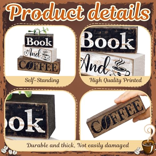 4 Pcs Farmhouse Table Decor Rustic Wooden Book and Coffee Signs (Coffee)