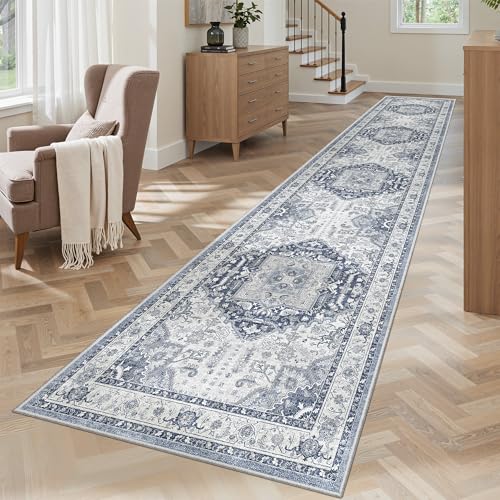 Washable Runner Rugs 2x12 Long for Hallway Kitchen Soft (Navy/White / 2' x 12' (Runner))