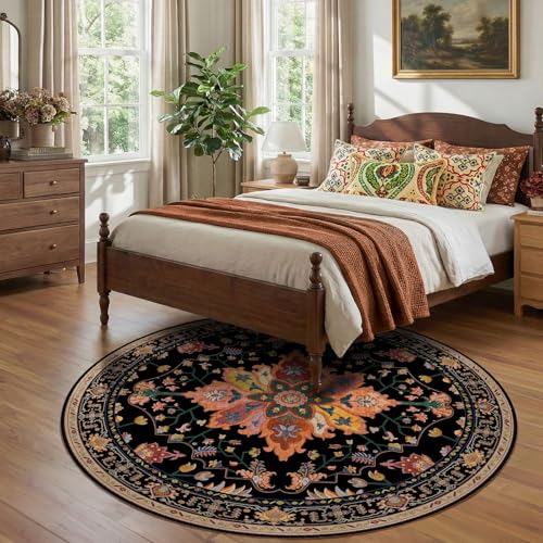 Washable Area Rug (Black/Colorful / 7' (Round))