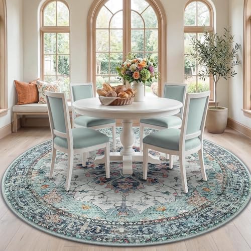 Washable Area Rug (Teal Green/White/Navy / 7' (Round))