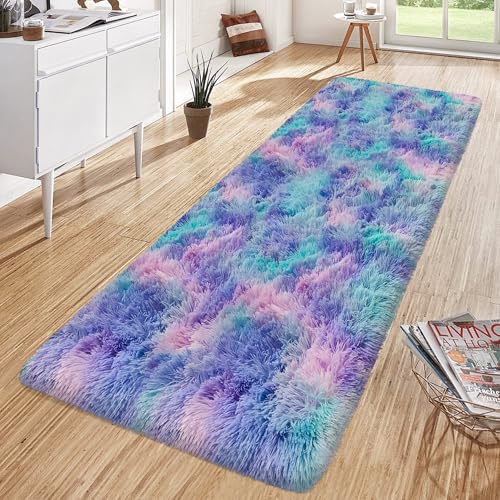 Super Soft Fluffy Living Room Area Rug 2x6 ft Purple Rainbow Tie (Tie-dyed Purple Rainbow / 2' x 6' (Runner))