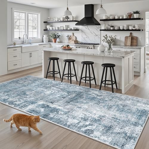 Abstract Runner Rug 3x6 Hallway Kitchen Rugs Non (Blue/Grey / 3' x 6' (Runner))