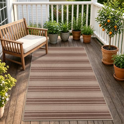 Striped Easy Jute 4x6 Outdoor Rug Washable Non Slip Khaki Rugs for Entryway Indoor Outdoor Farmhouse Neutral Front Door Mat for Backyard Patio Proch Living Room (4'*6'(Rectangular) / Brown/Striped)