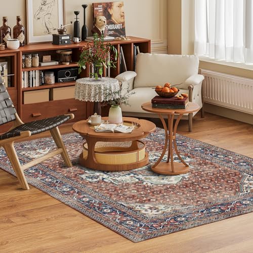 Washable Area Rug 8' x 10' Vintage Traditional Persian Mat (Terracotta and Navy / 8' x 10' (Rectangular))