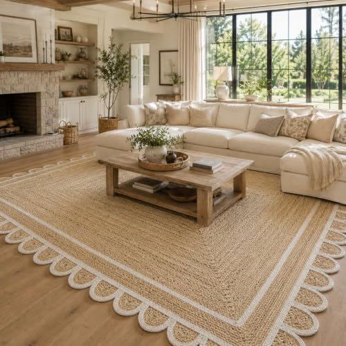 Scalloped Natural Jute Area Rug 12x15 Ft (Off White / 12' x 15' (Rectangular))