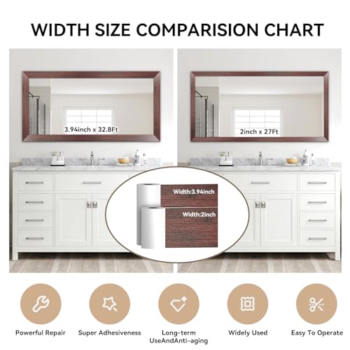 32FT Peel &Stick Wood Grain Wallpaper Border Removable Waterproof Bathroom Mirror Frame Sticker (Red / 3.93" x 393.6")