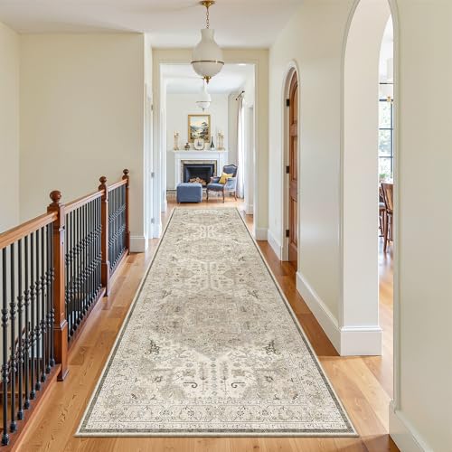 Hallway Runner Rug 3x12 Washable Kitchen Runners 12ft (Ivory/Brown / 3' x 12' (Runner))
