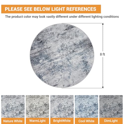 Round Rug 8ft Washable Rug for Dining Room Living Room Blue Grey (Blue/Grey / 8' (Round))