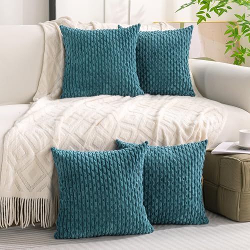 Set of 4 Teal Decorative Throw Pillow Covers 18x18 Inch Corduroy Pillow Covers for Bed Couch Sofa Living Room Soft Square Cushion Cases (Teal / 18" x 18" (Pack of 4))