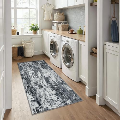 Washable Runner 3'x6' Abstract Area Rug for Hallway Black White (Black/Navy Blue/Gray / 3' x 6' (Runner))