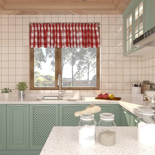 Red and White Short Curtains For Windows Treatment Buffalo Check Plaid Valances Gingham 2 Pack Tiers Rod Pocket Decor Small Curtains Over Sink For Kitchen (34"W x 16"L (Pack of 2) / Red and White)