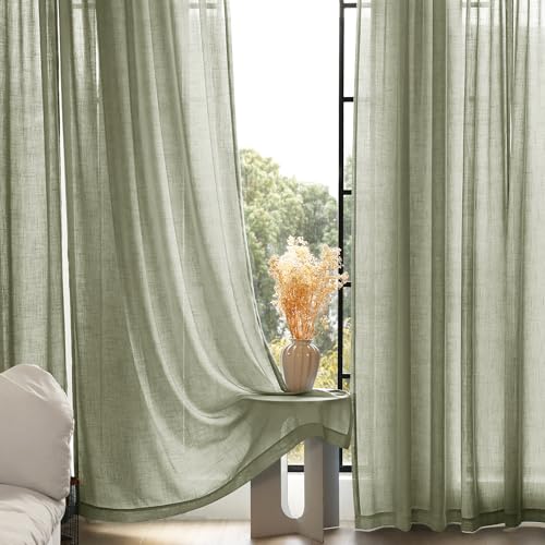 Linen Blend Sage Green Curtains 108 inch Length 2 Panels for Bedroom Back Tab Light Filtering Semi Sheer Drapes Linen Cotton Textured Light Green Airy Modern Farmhouse Living Room Sage Aesthetic Decor (Sage Green / 52"W x 108"L (Pack of 2))